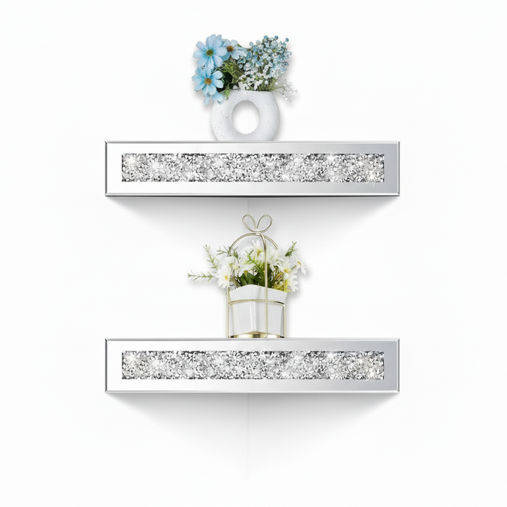 Two decorative shelves with crystal accents and potted plants on a white background