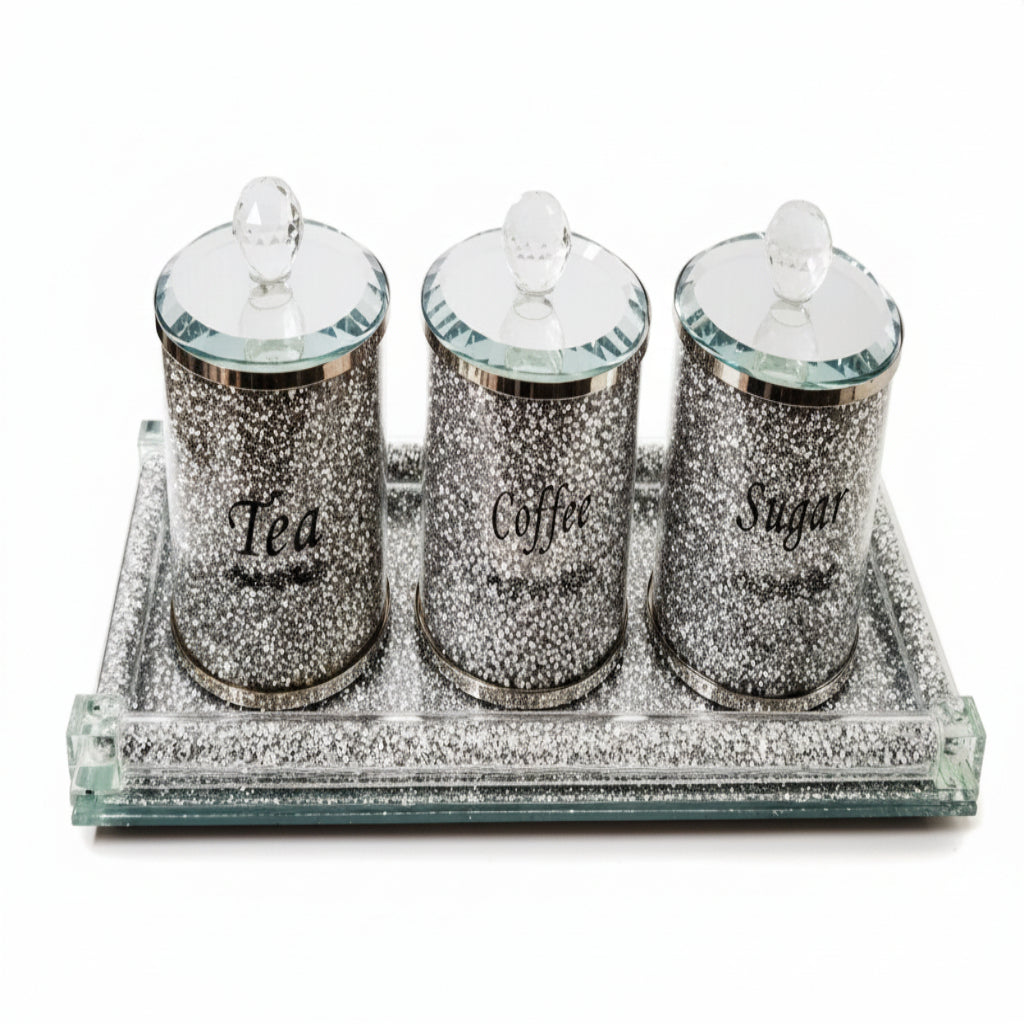 Crystal jar set with tray silver
