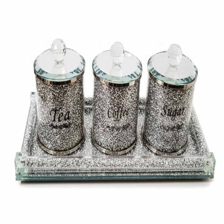 Crystal jar set with tray silver