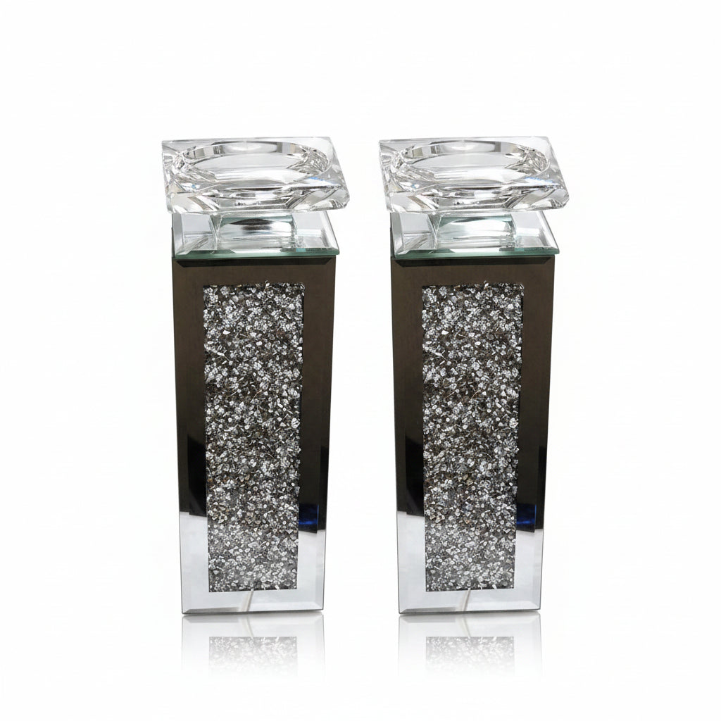 Crystal pillar candle holders mirrored glass set