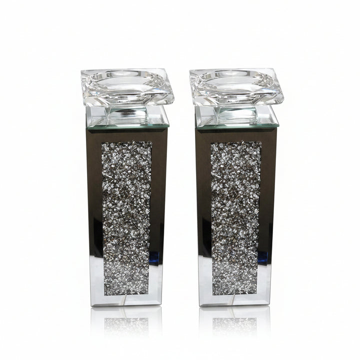 Crystal pillar candle holders mirrored glass set
