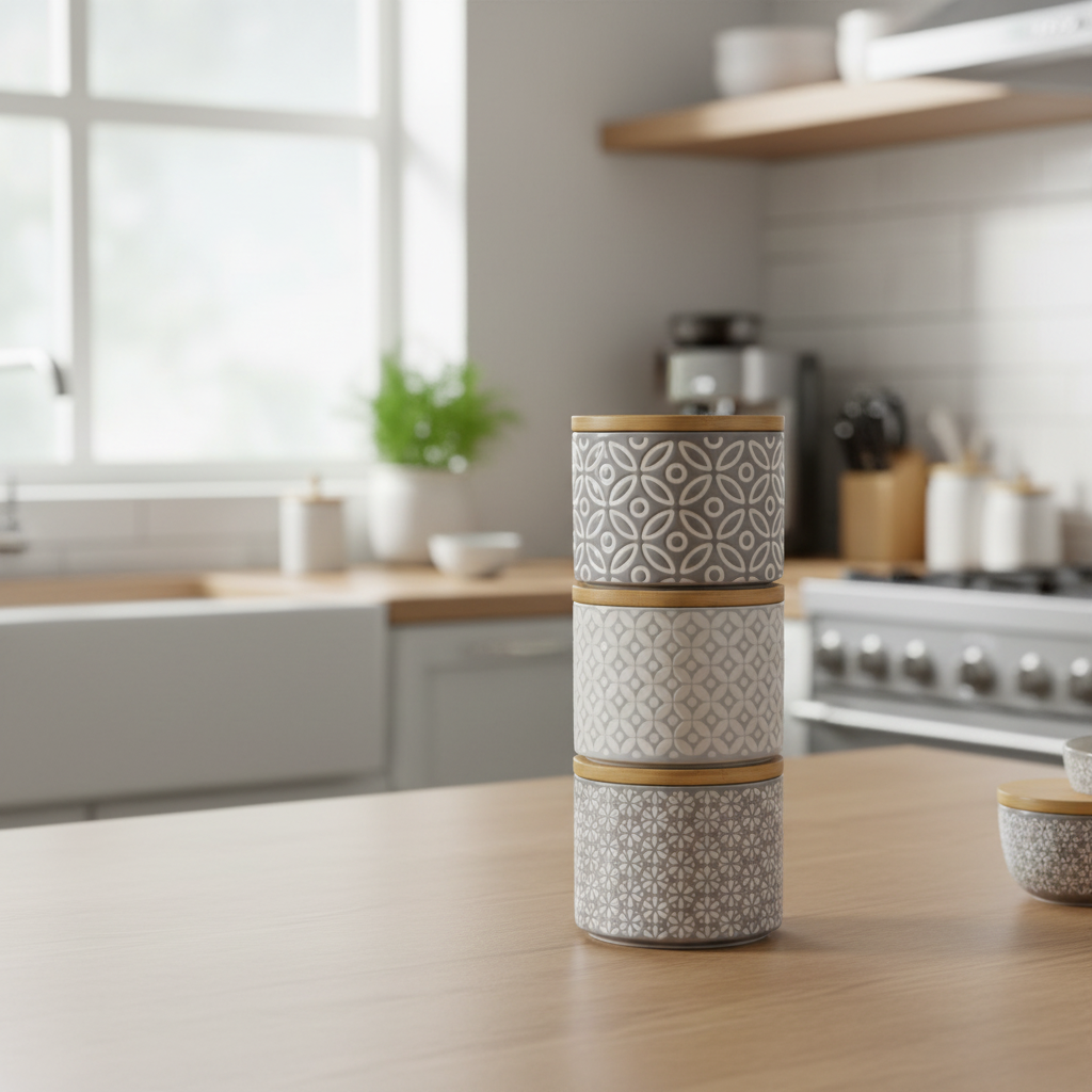 Decorative cylindrical container with geometric pattern on a kitchen counter
