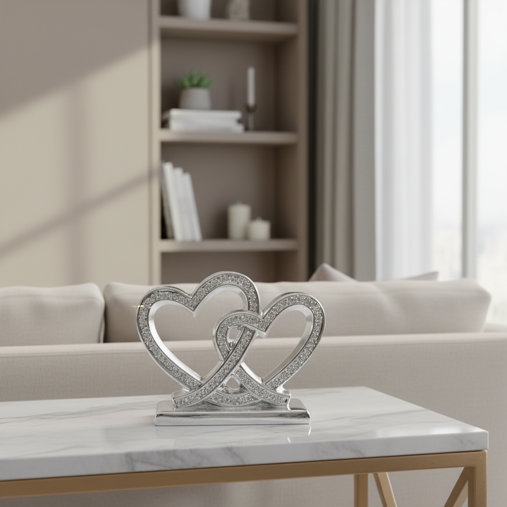 Decorative item with interlocking hearts on a marble table in a living room setting.