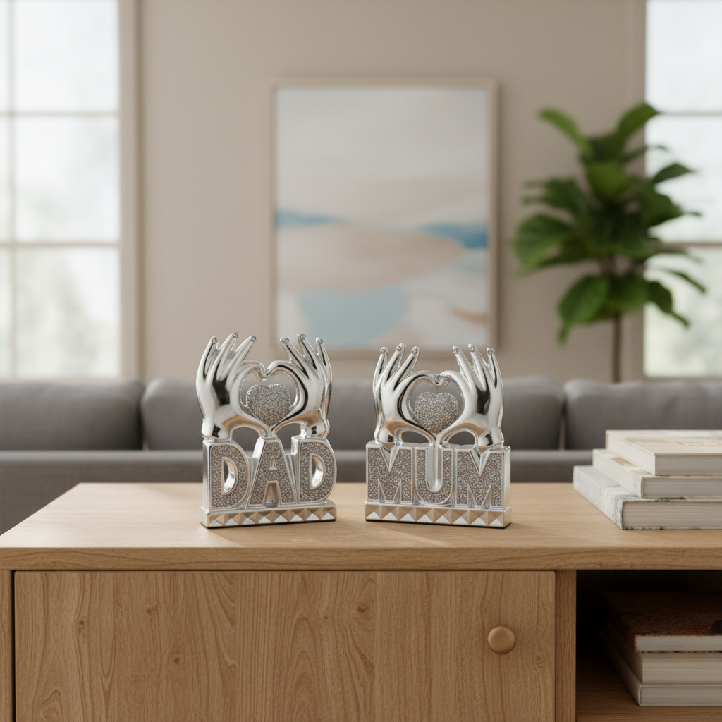 Decorative items for 'Dad' and 'Mum' on a wooden surface with a living room background.