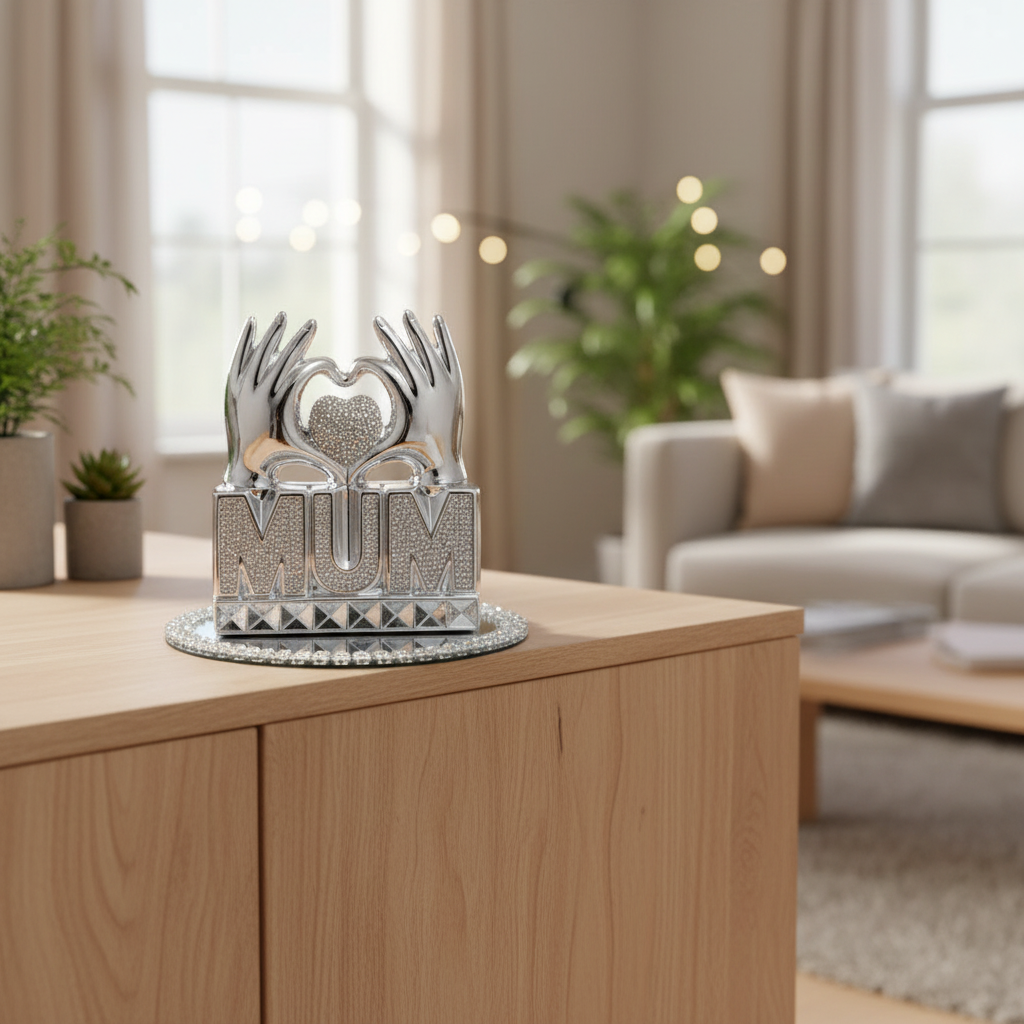 Decorative metal sculpture on a wooden cabinet in a living room setting