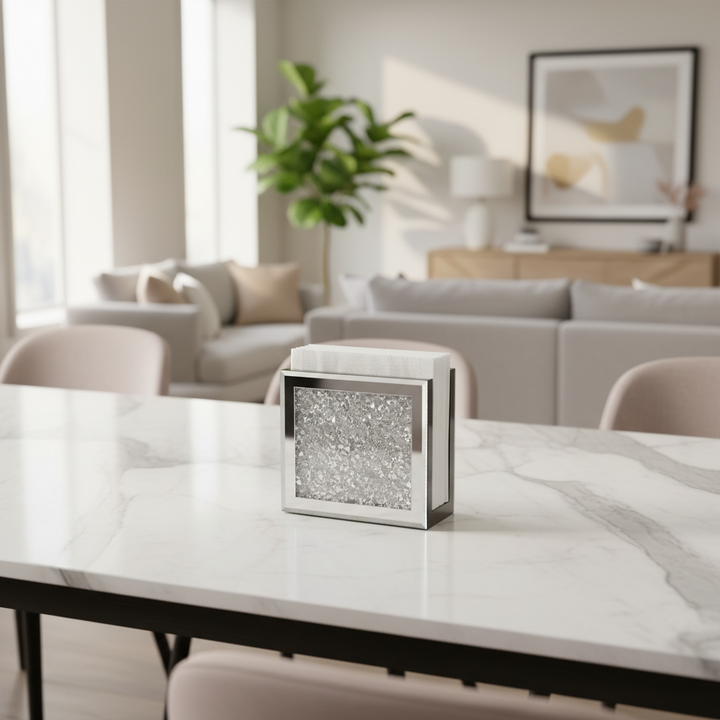 Decorative silver box on a marble table in a modern living room.