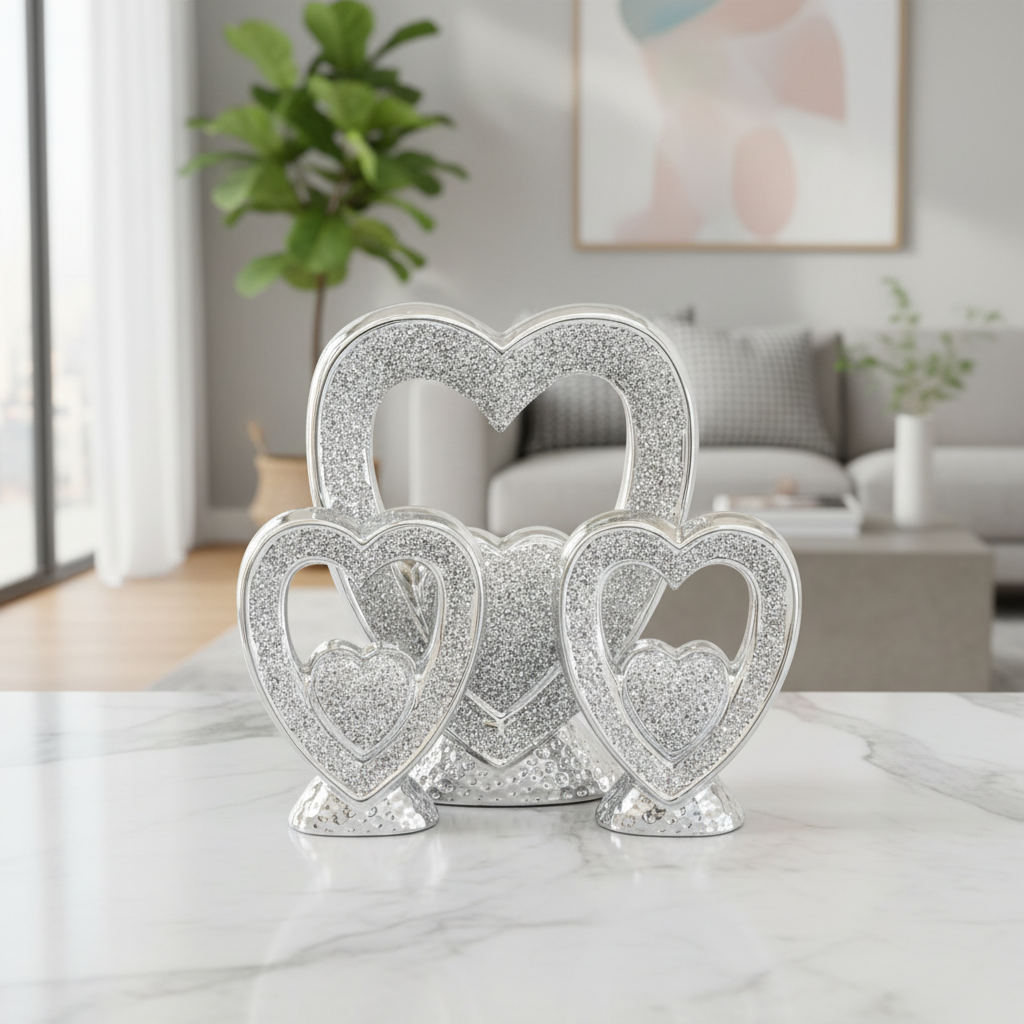 Decorative silver heart-shaped object on a marble surface with a living room background