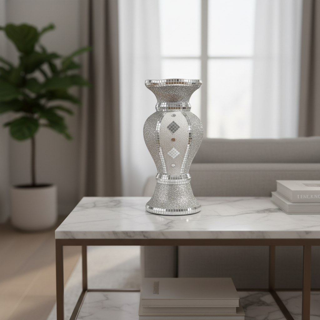 Decorative silver vase on a marble table in a living room setting