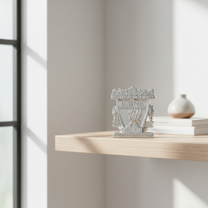 Decorative urn on a wooden shelf with a neutral background