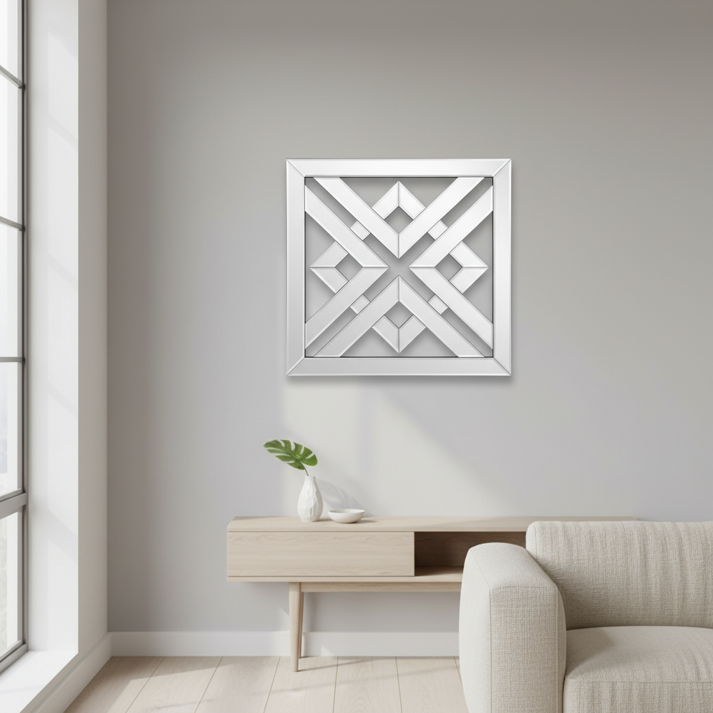 Decorative wall art with geometric pattern in a modern living room.