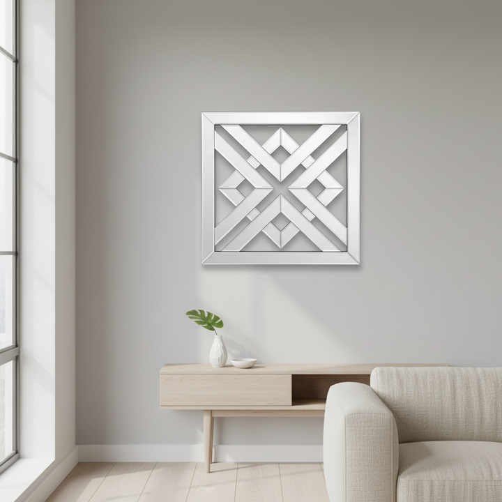 Decorative wall art with geometric pattern in a modern living room.