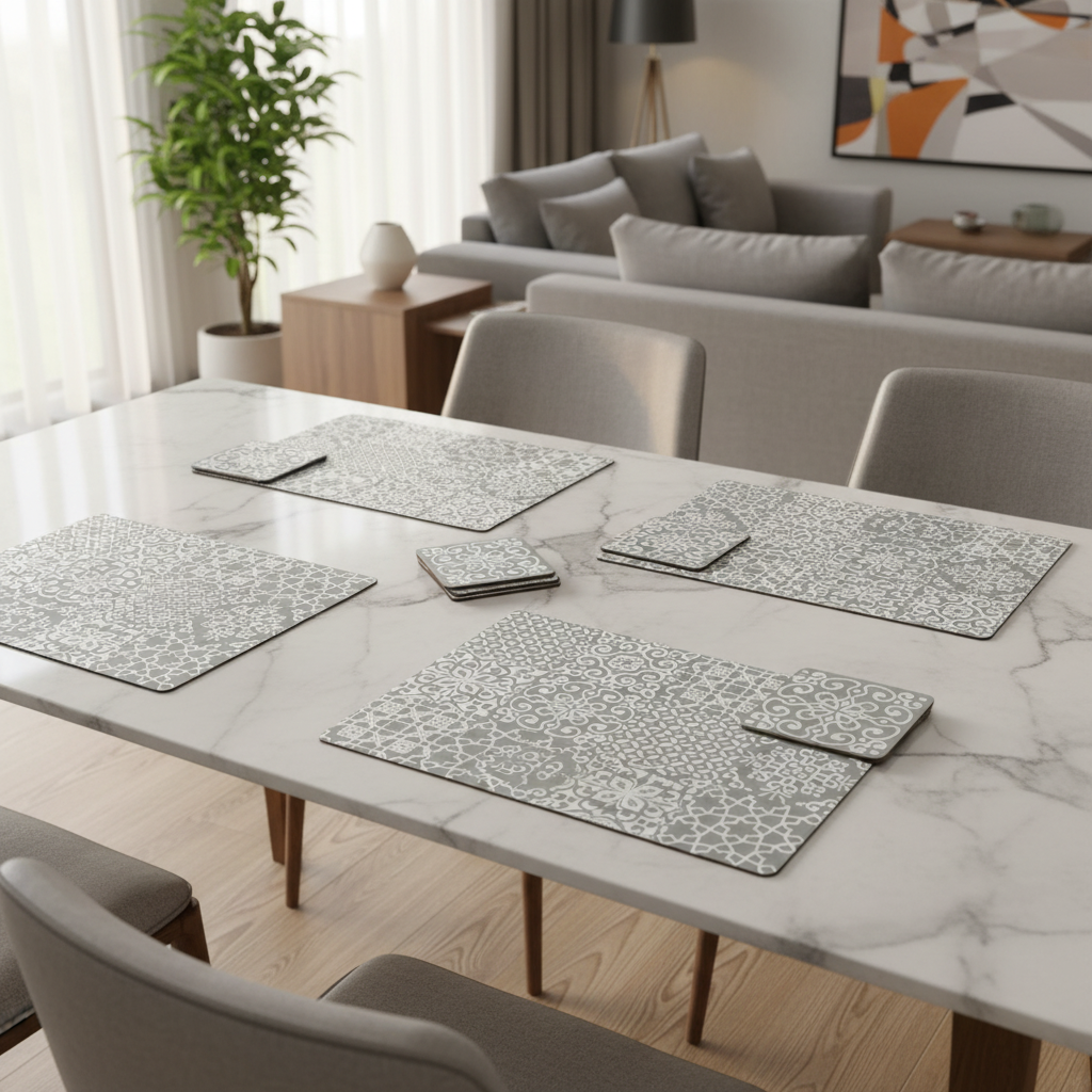 Dining table with marble placemats in a modern living room setting