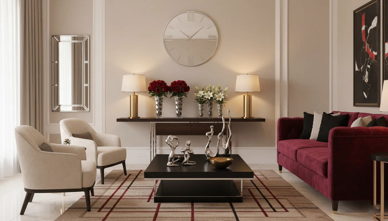 A luxurious home décor setup with a wall mirror, wall clock, lamps, vases, and modern furniture in warm cream and gold tones, styled by Sparkle Decors UK.
