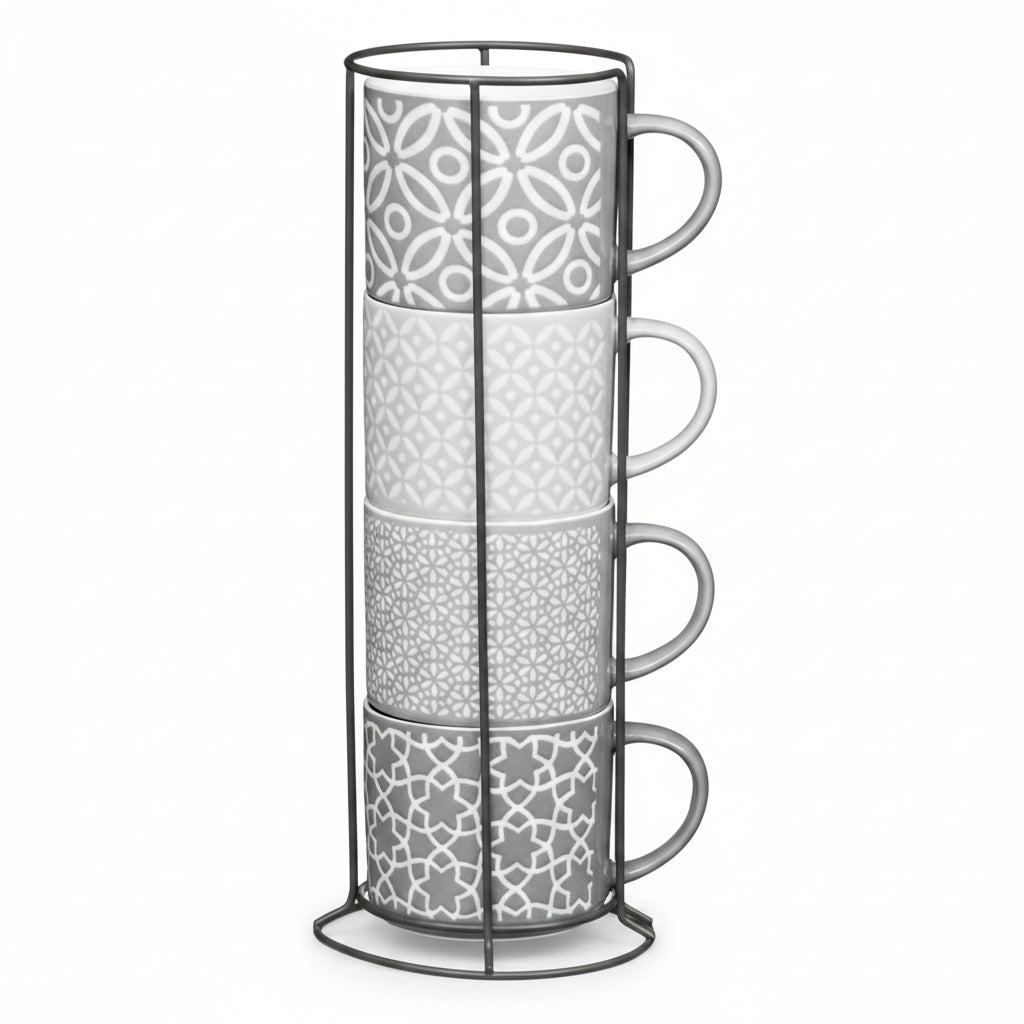 Embossed stacking mug set space saving mugs