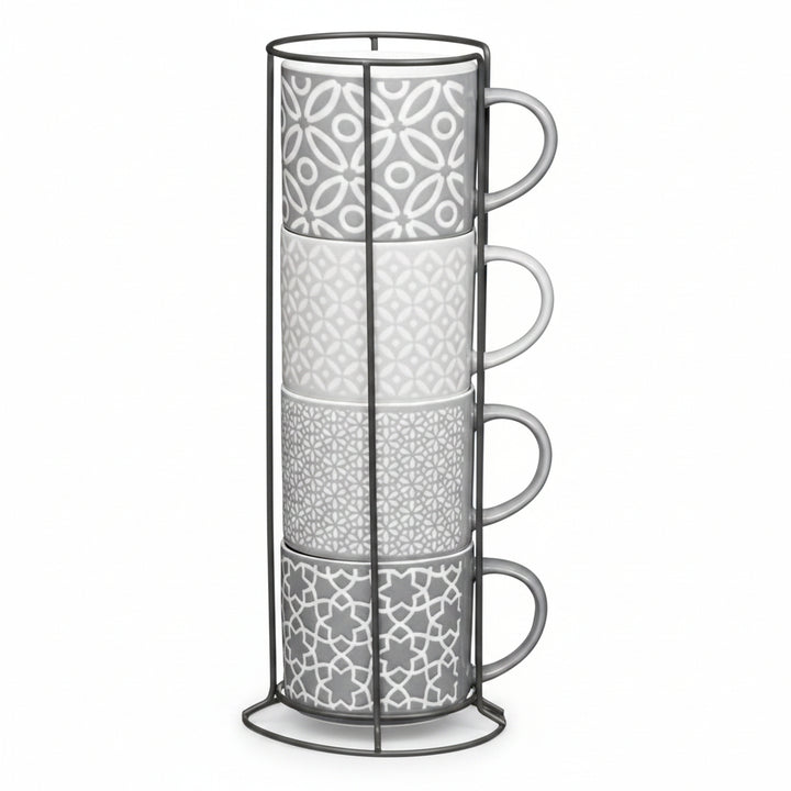 Embossed stacking mug set space saving mugs