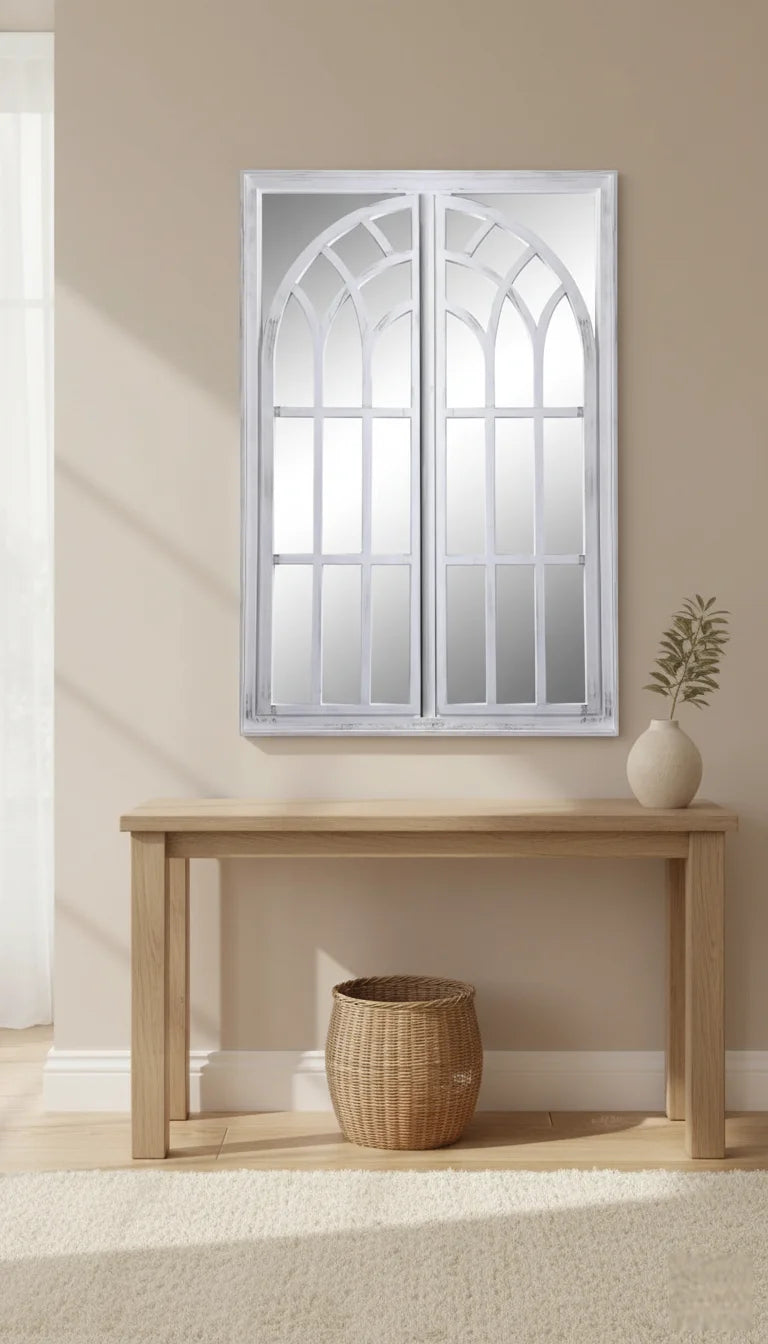 Rustic White Extra Large Arch Window Wall Mirror – Sparkle Decors