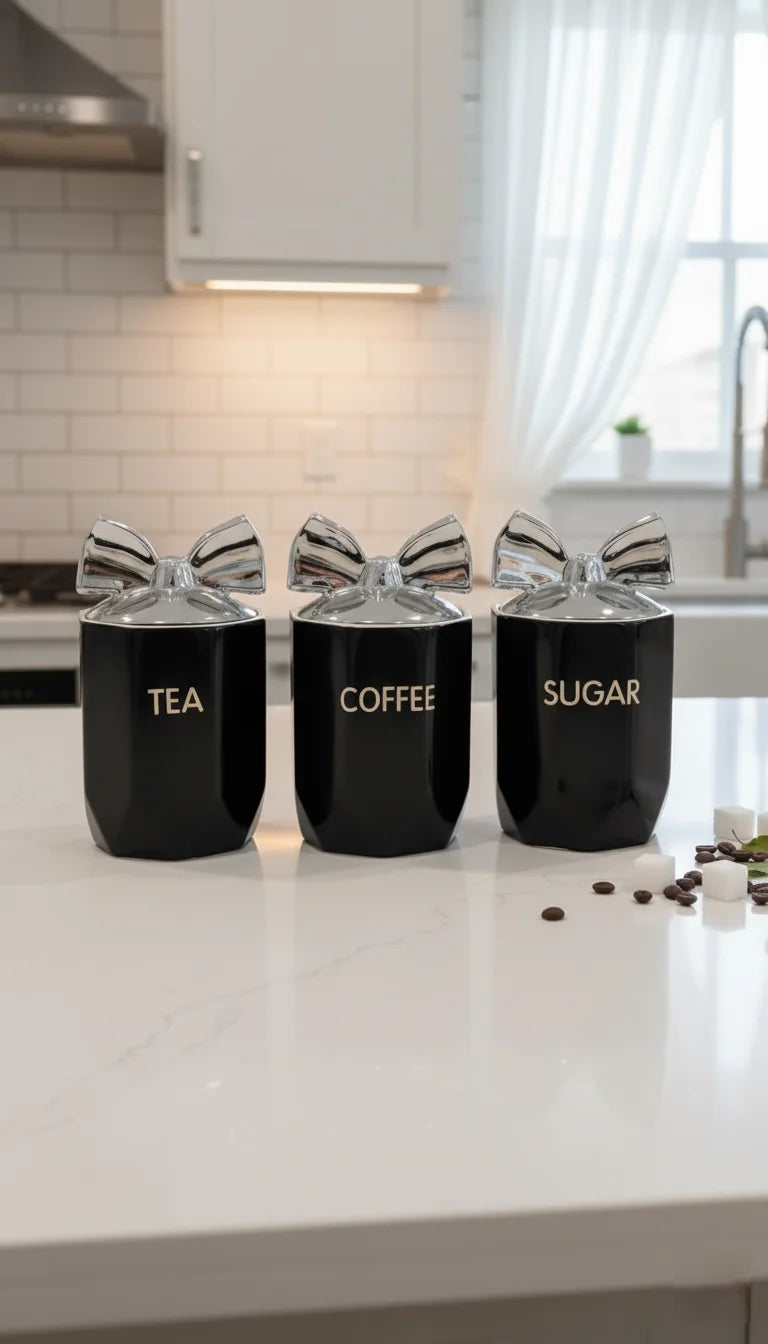 Marble Bow-Lid Kitchen Storage Jar Set of 3 – Sparkle Decors