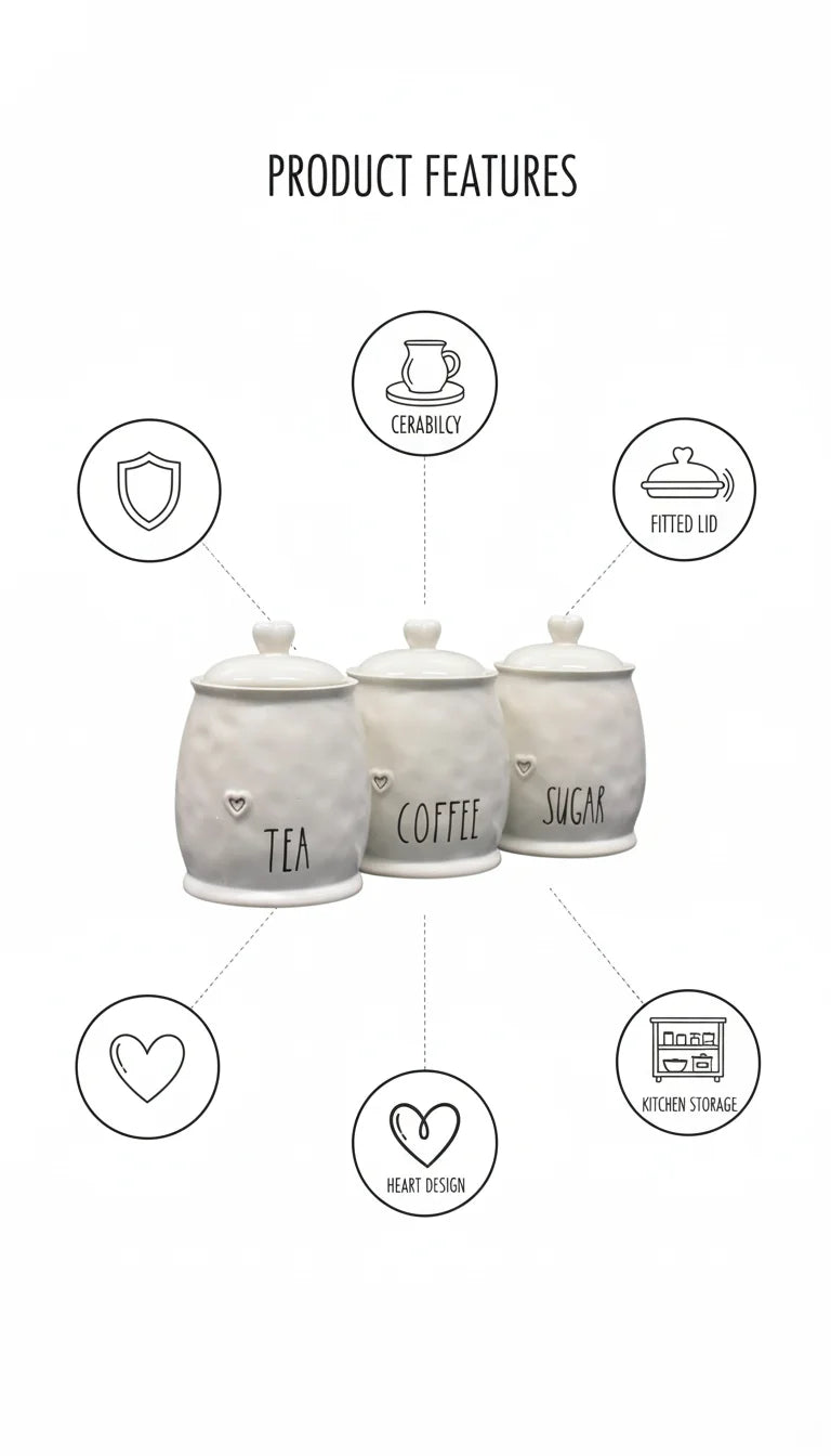 Ceramic Tea Coffee Sugar Jar Set with Heart Lids – Sparkle Decors