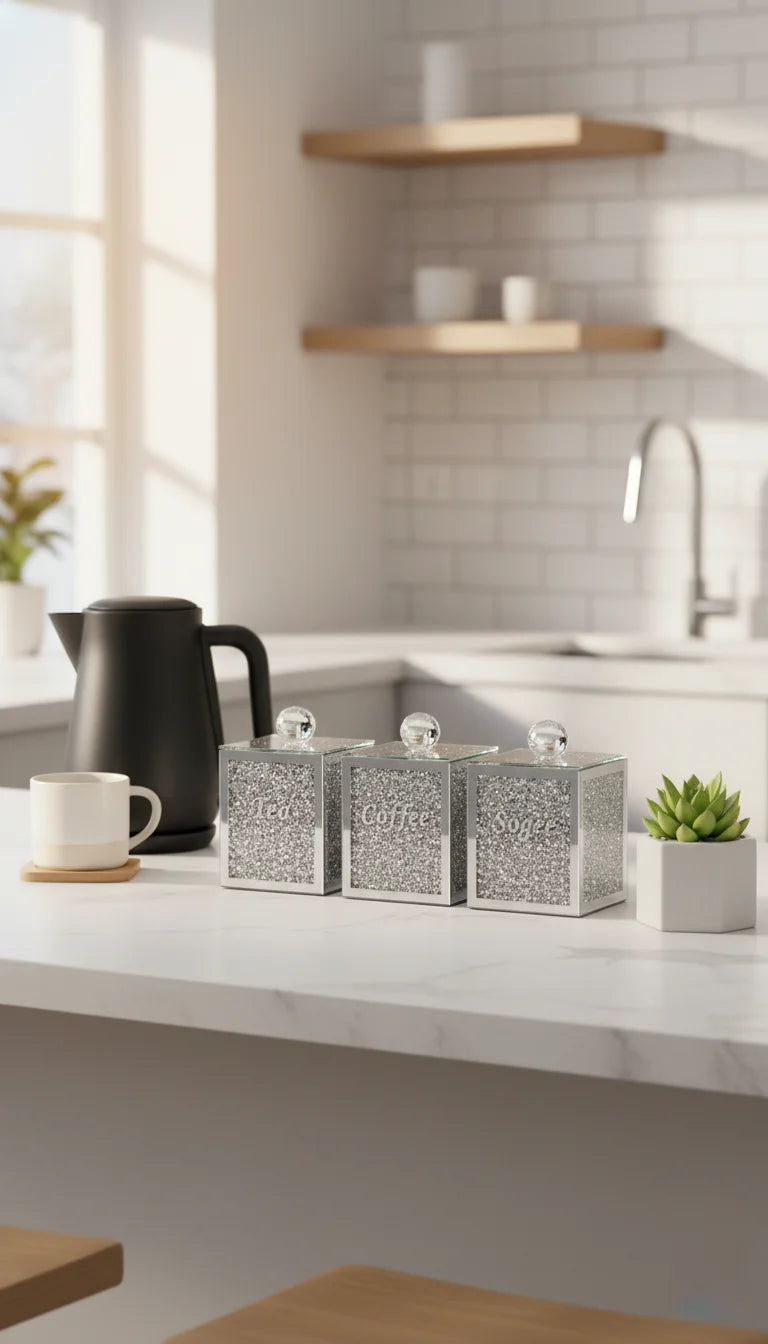 Crushed Diamond Tea Coffee Sugar Canisters Set - Sparkle Decors