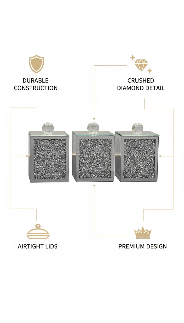 Crushed Diamond Tea Coffee Sugar Canisters Set - Sparkle Decors