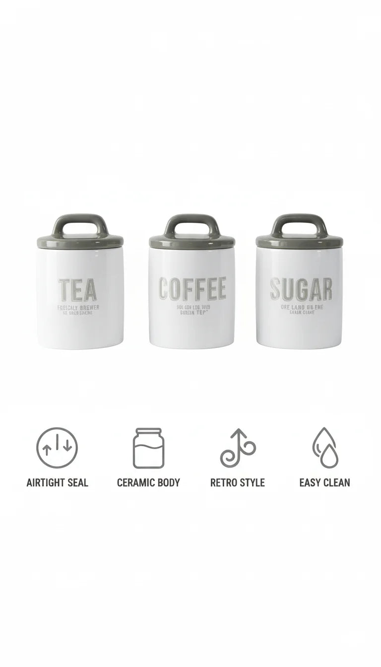 Retro Grey–White Tea Coffee Sugar Jar Set - Sparkle Decors