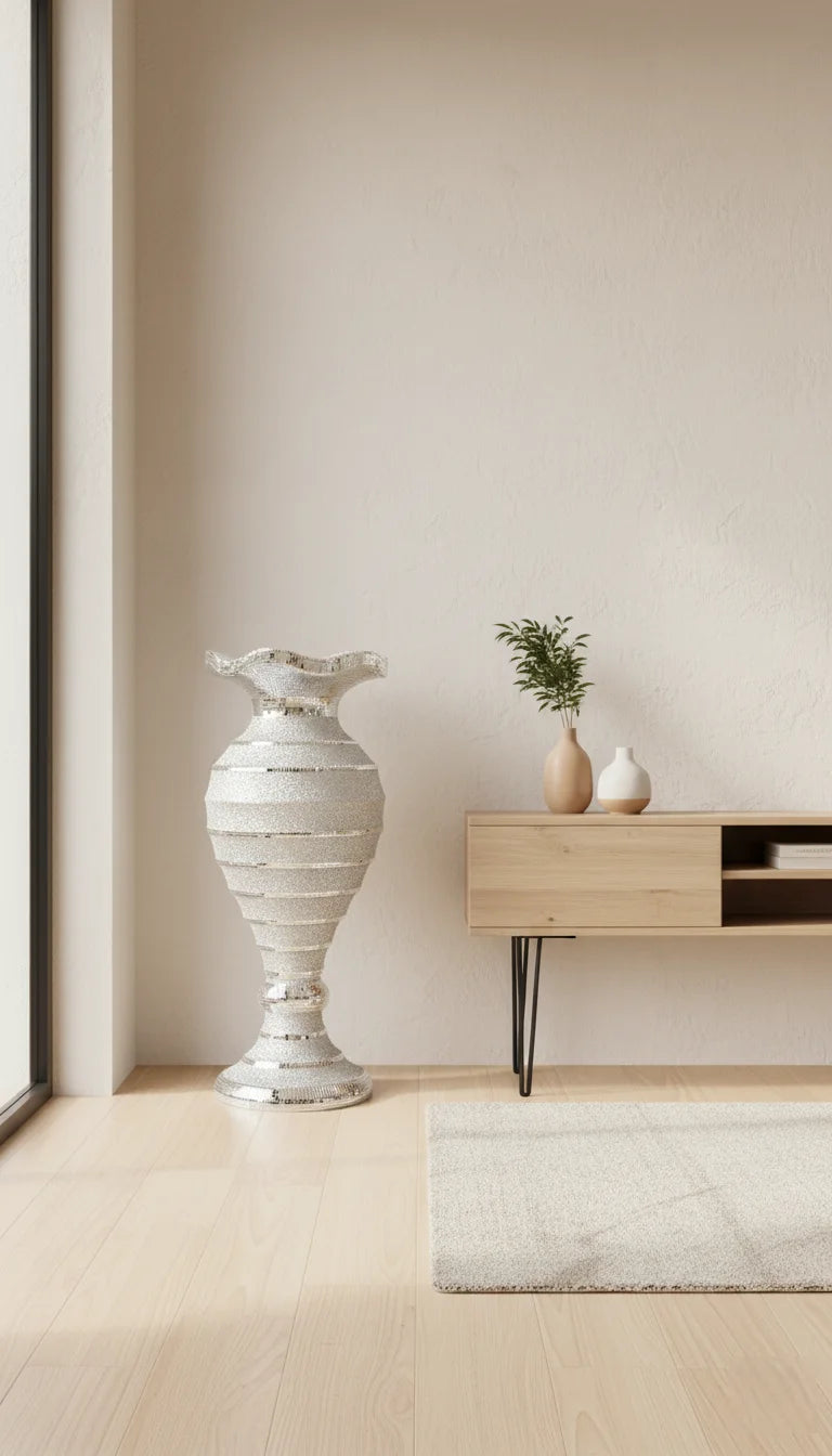 Large Crushed Diamond Silver Mirrored Floor Vase – Sparkle Decors