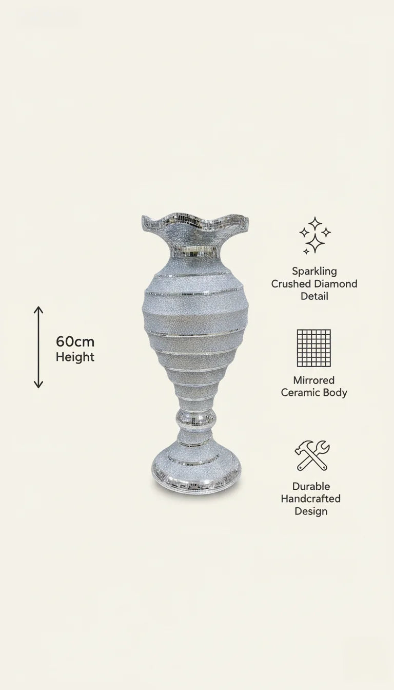 Large Crushed Diamond Silver Mirrored Floor Vase – Sparkle Decors