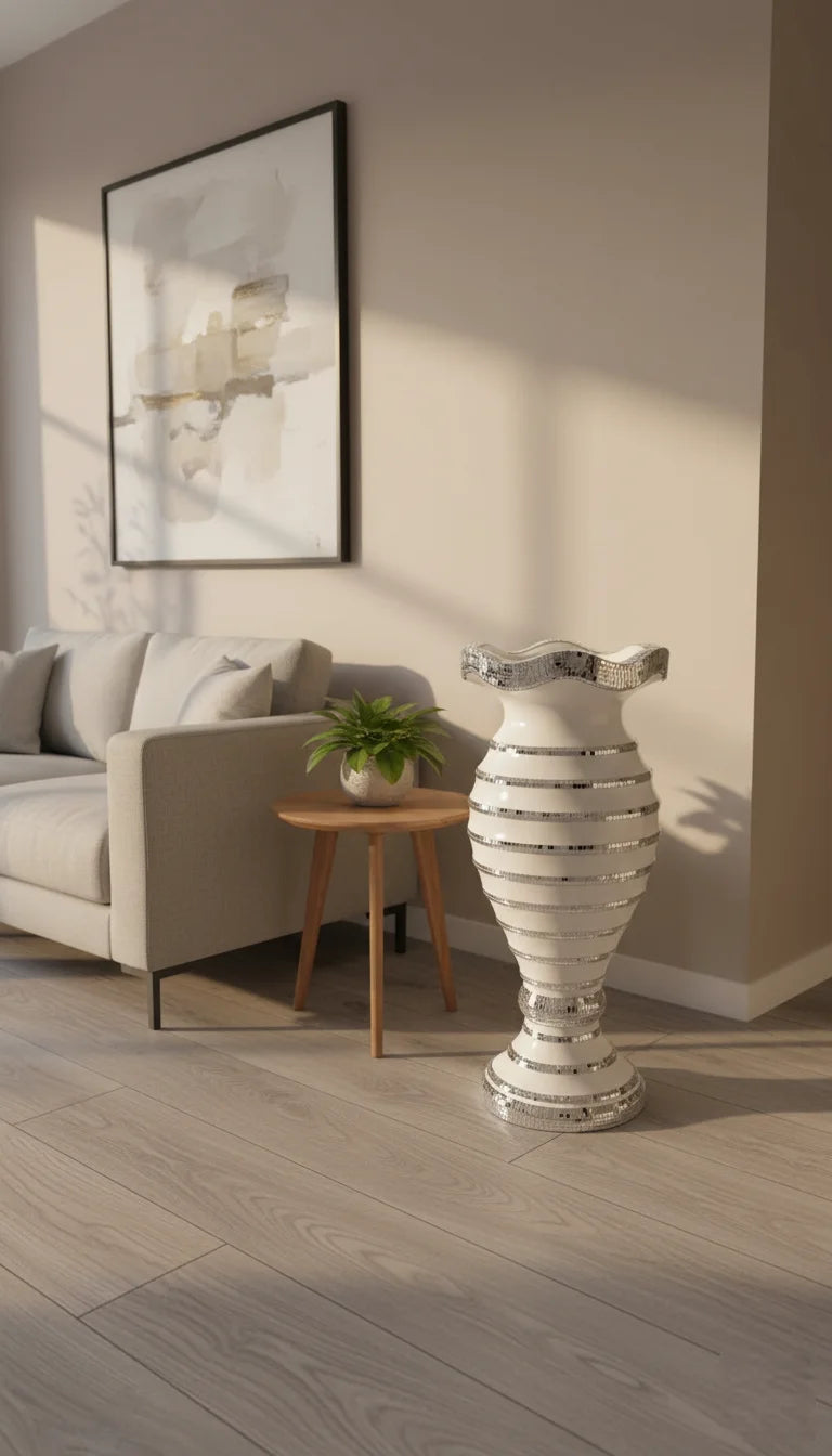 White & Silver Sparkly Mirrored Floor Vase | Sparkle Decors