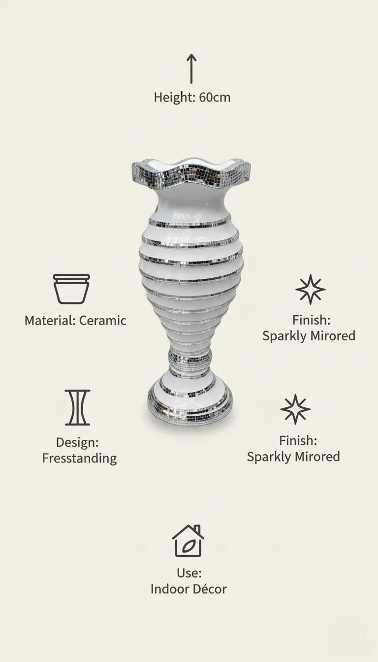 White & Silver Sparkly Mirrored Floor Vase | Sparkle Decors