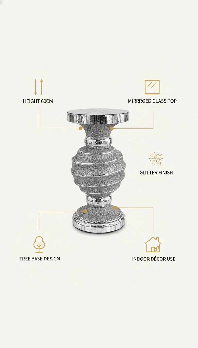 Glittered Venetian Mirrored Side Table Tree Base - Sparkle Decors