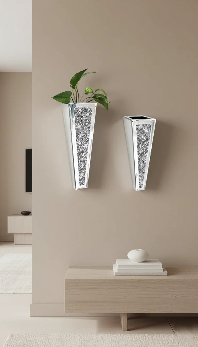 Set of 2 Silver Crushed Diamond Wall Vases Modern Décor - Sparkle Decors