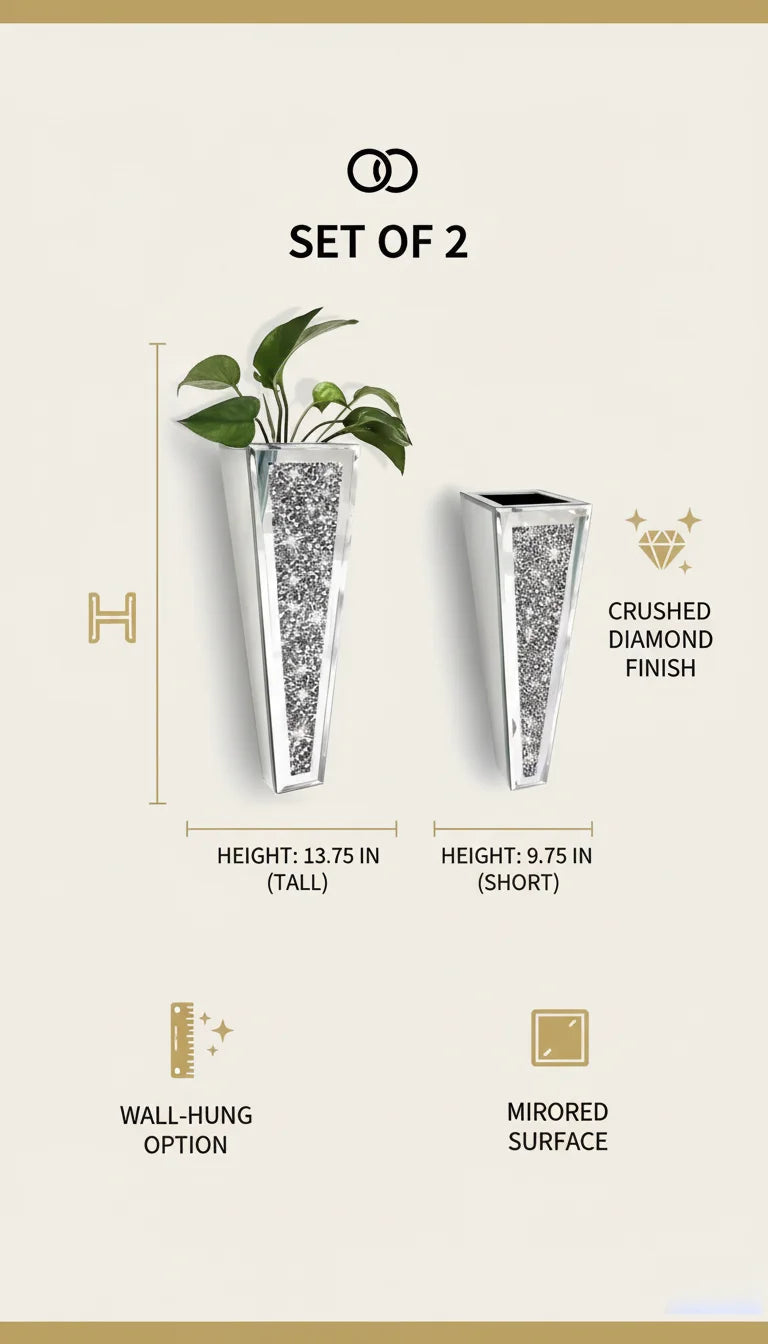 Set of 2 Silver Crushed Diamond Wall Vases Modern Décor - Sparkle Decors