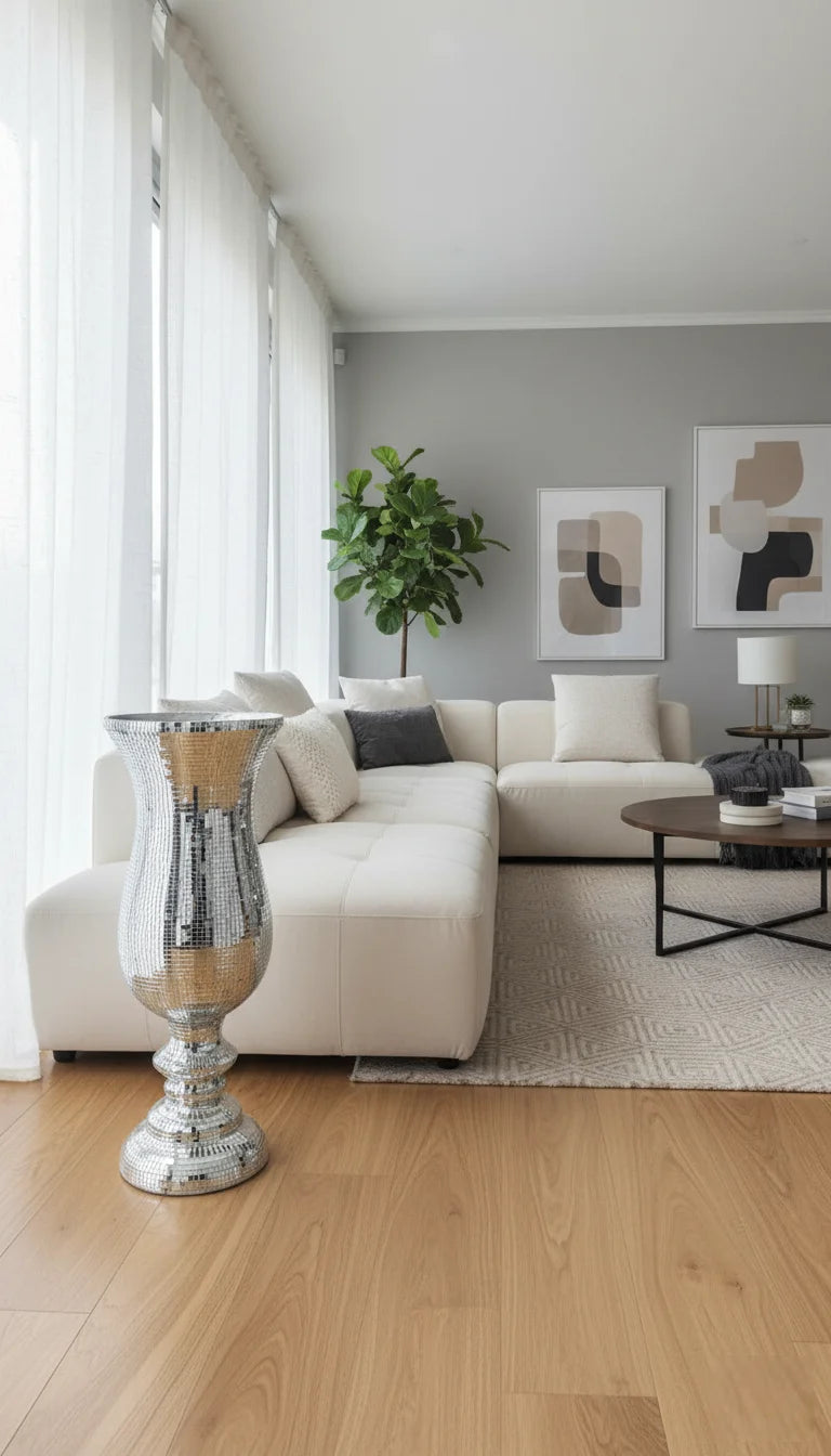 Large Silver Mirrored Ceramic Floor Vase - Sparkle Decors