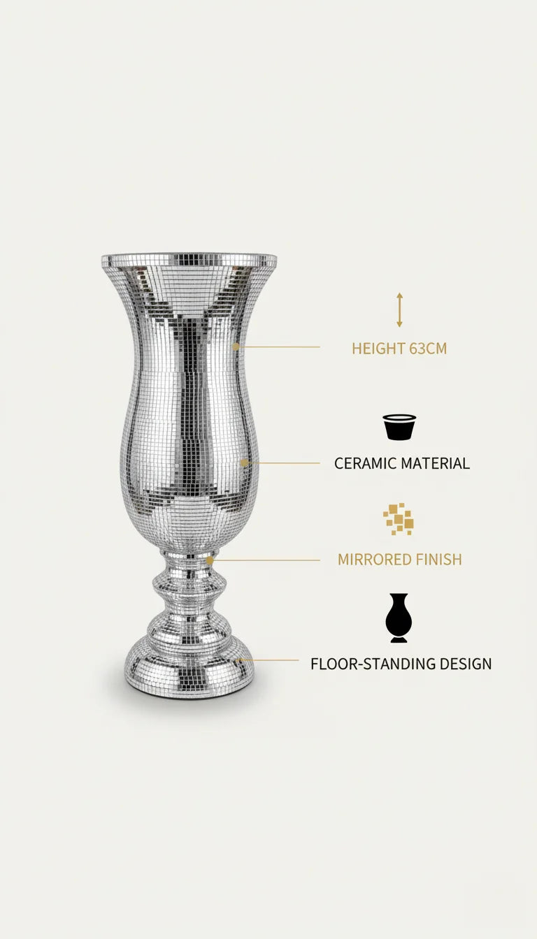 Large Silver Mirrored Ceramic Floor Vase - Sparkle Decors