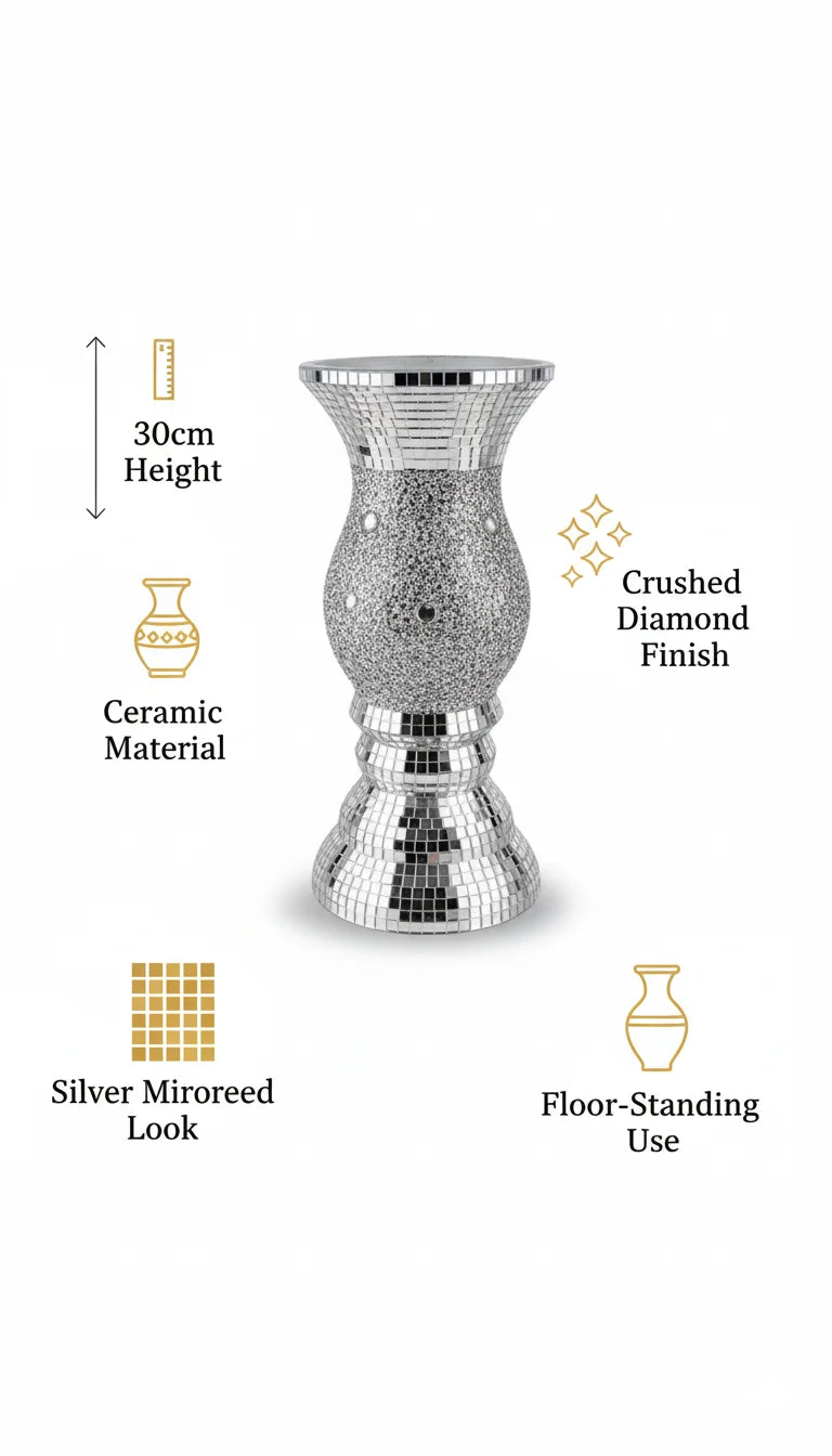 Sparkly Crushed Diamond Silver Floor Vase - Sparkle Decors