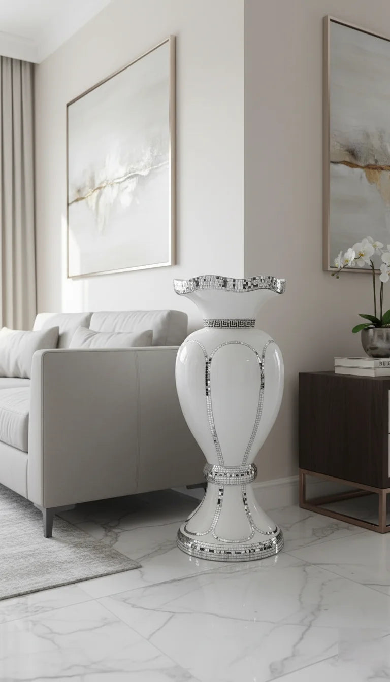 Crushed Diamond Mirrored Silver Floor Vase - Sparkle Decors
