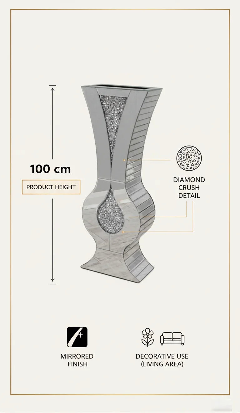 Tall Silver Diamond Crush Mirrored Floor Vase - Sparkle Decors