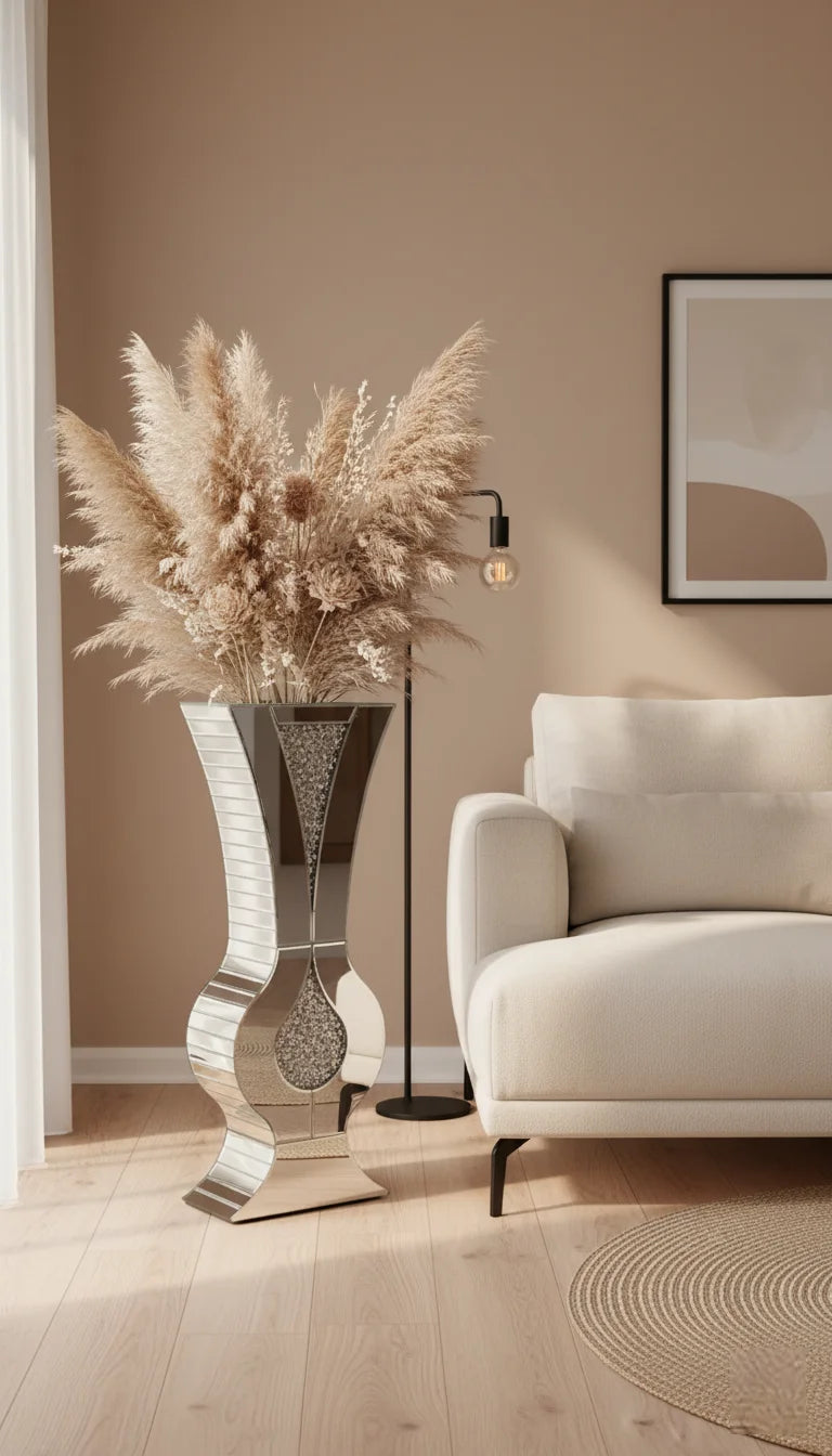 Tall Silver Diamond Crush Mirrored Floor Vase - Sparkle Decors