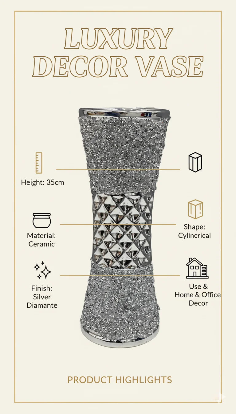 Silver Diamante Ceramic Flower Vase Home Decor – Sparkle Decors