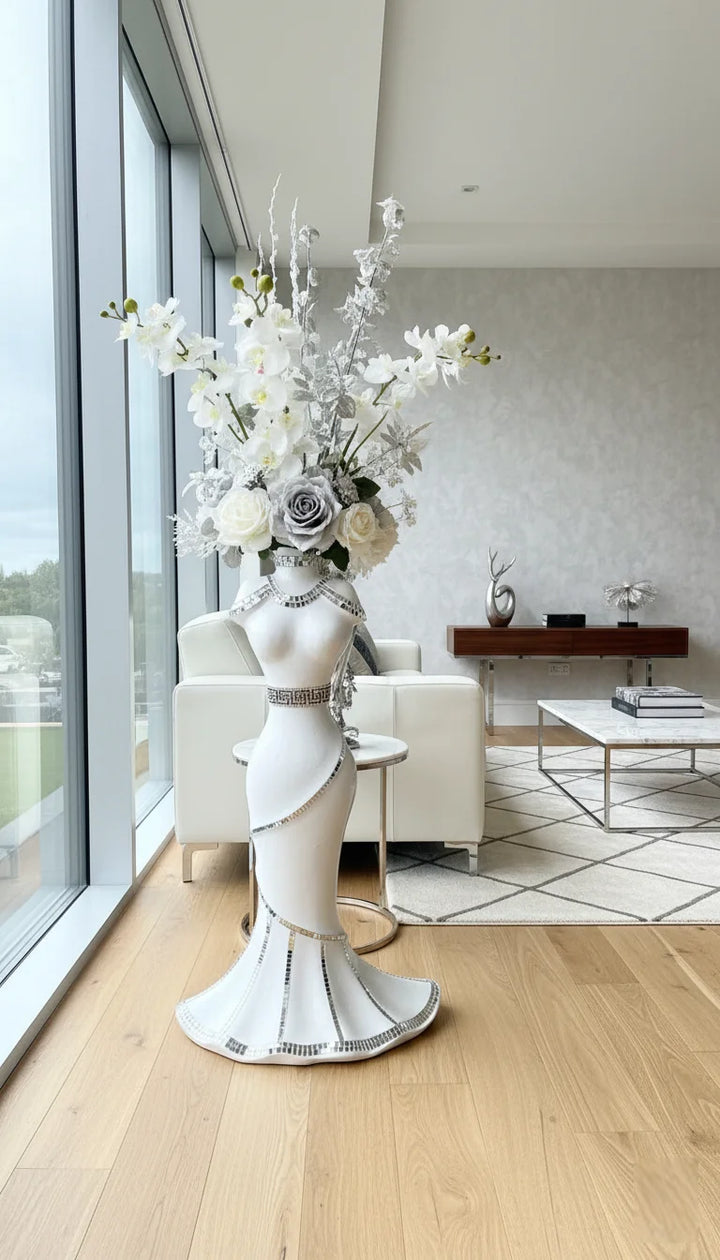 Italian Mirrored Mosaic Lady Floor Vase White Silver – Sparkle Decors