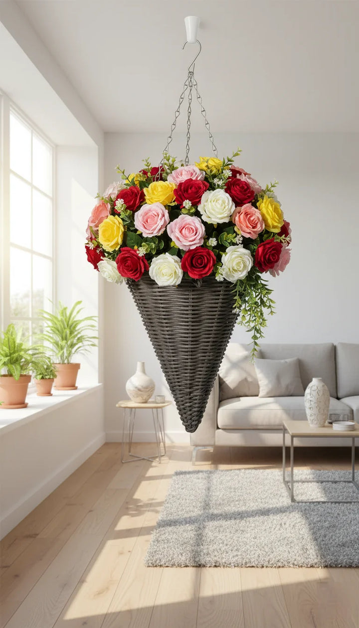 Multicolored Artificial Rose Cone Basket for Hanging – Sparkle Decors