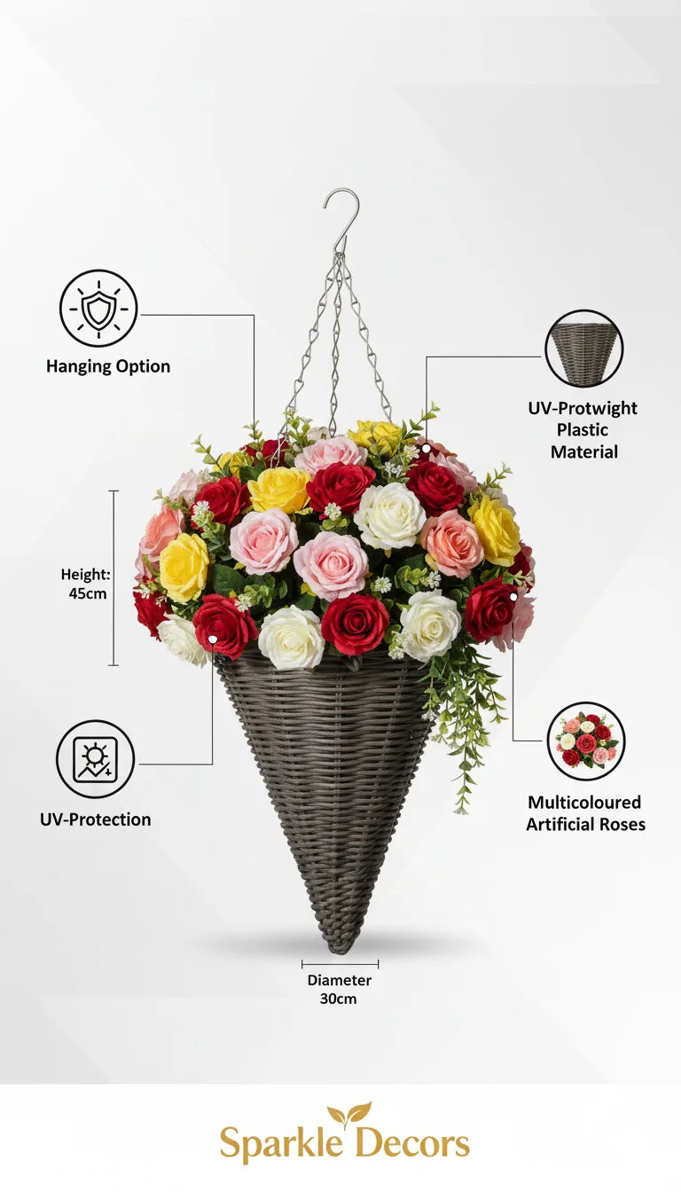 Multicolored Artificial Rose Cone Basket for Hanging – Sparkle Decors
