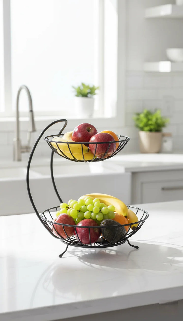 Elegant 2-Tier Brooklyn Finish Fruit Basket Rack – Sparkle Decors
