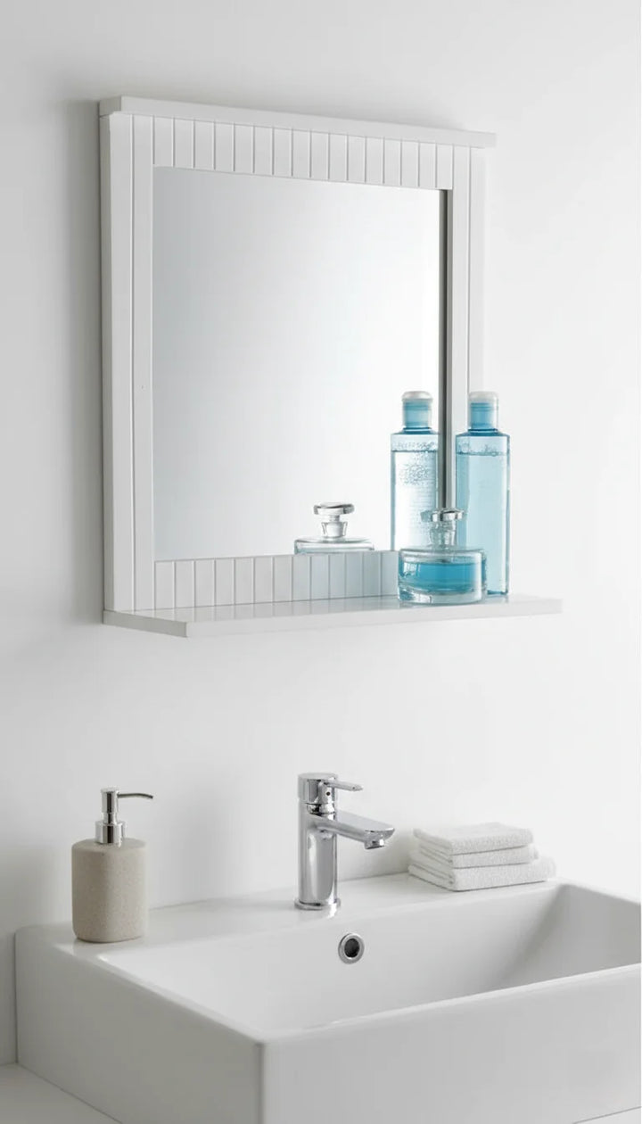 White Wooden Bathroom Mirror With Shelf Sparkle Decors
