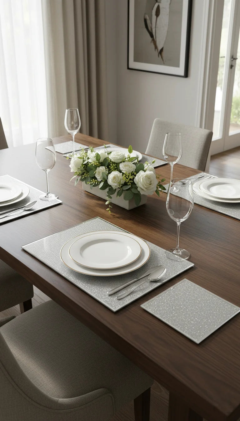 Silver Glitter Glass Coaster & Placemat Set of 4 Sparkle Decors