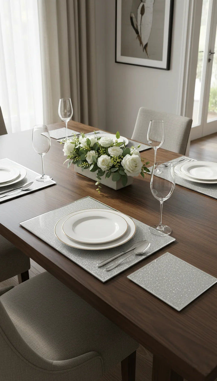 Silver Glitter Glass Coaster & Placemat Set of 4 Sparkle Decors