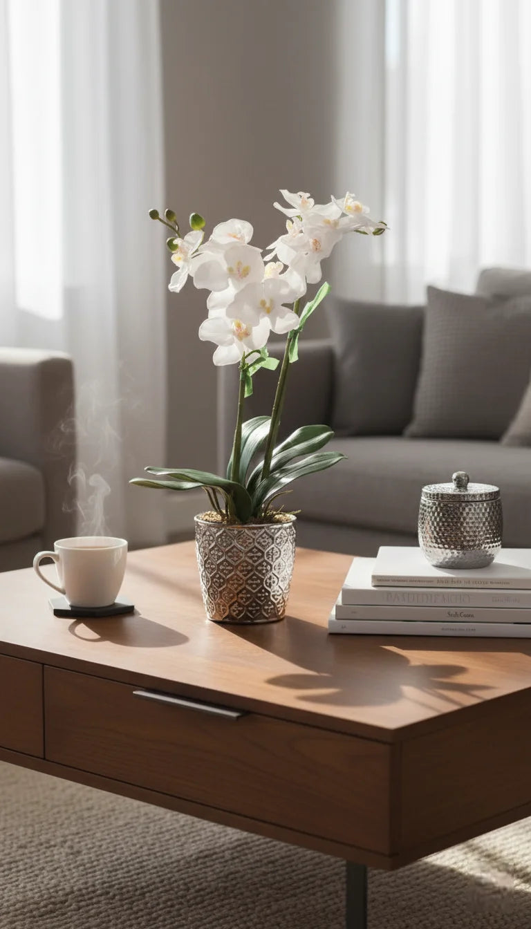 Elegant Artificial White Orchid in Silver Pot – Sparkle Decors