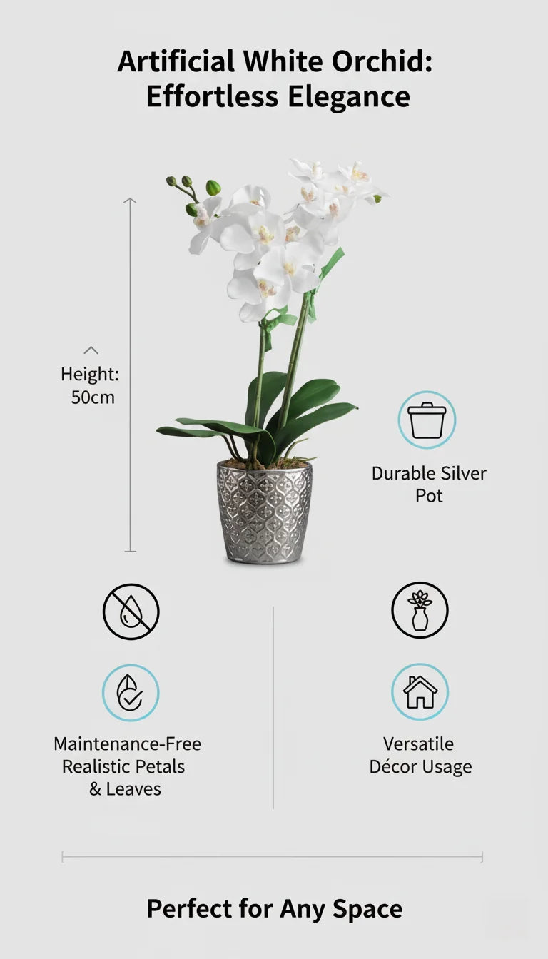 Elegant Artificial White Orchid in Silver Pot – Sparkle Decors