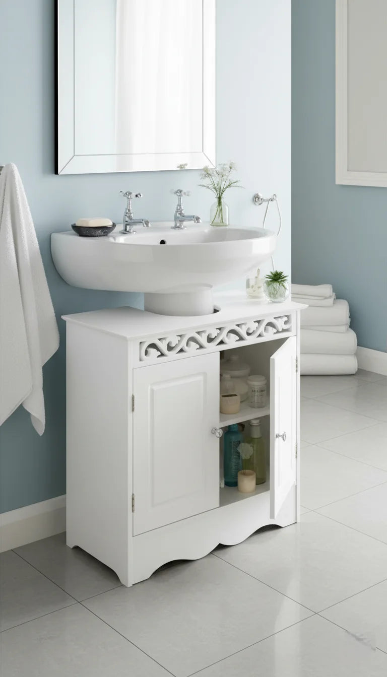 Camille White Undersink Bathroom Cabinet with Rhinestones – Sparkle Decors