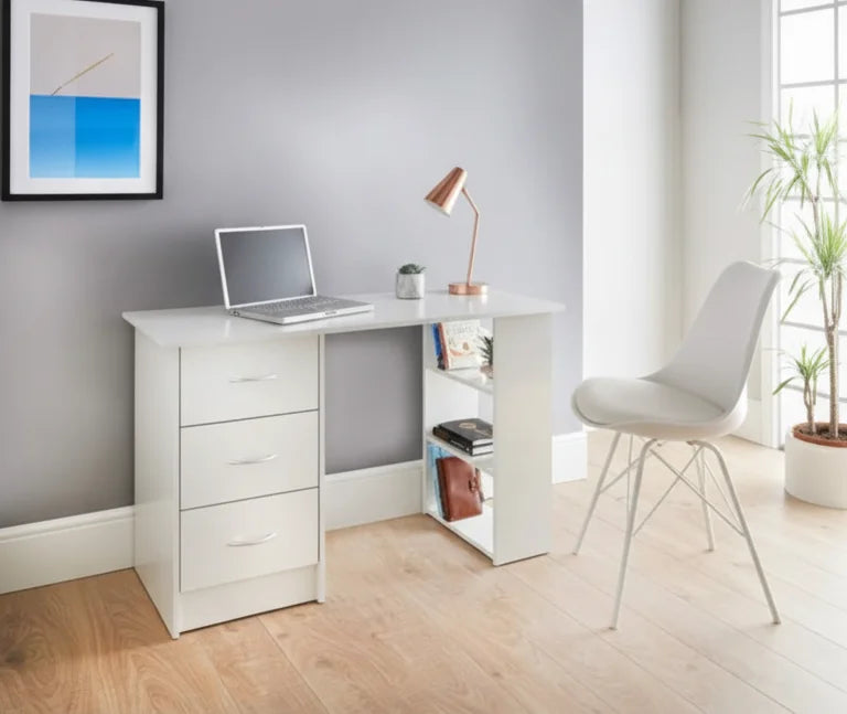 Modern White Office Desk with 3 Drawers & Shelves – Sparkle Decors